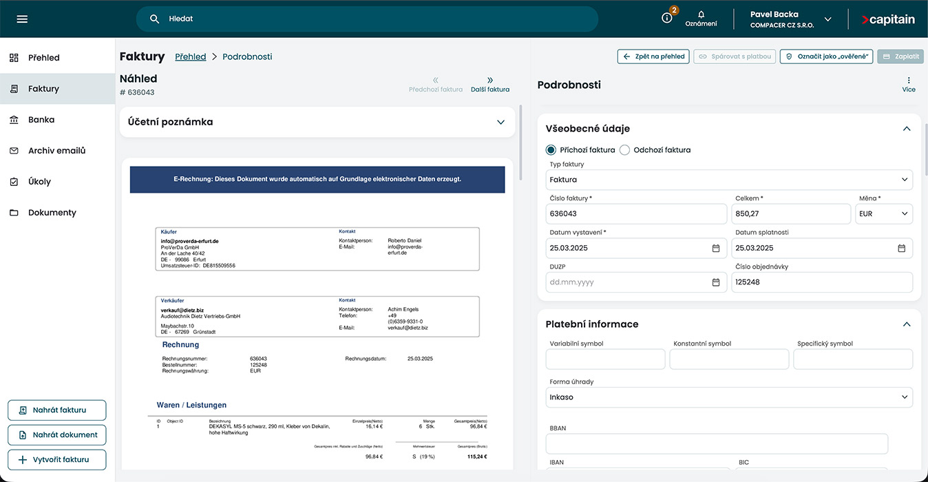 Capitain - Automatické načtení dat z faktury
